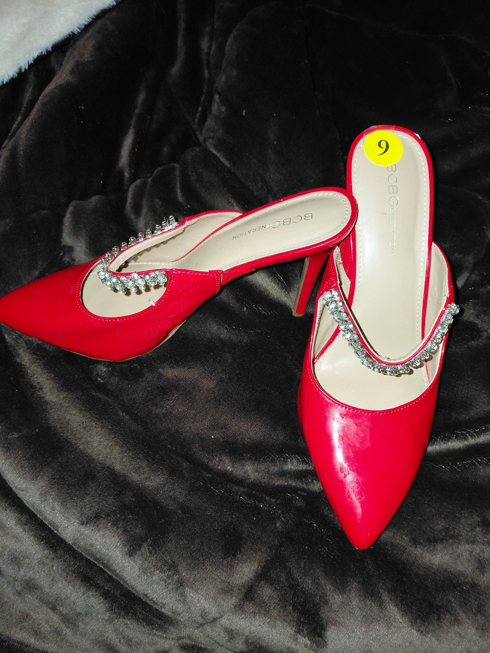 BCBGeneration Red Pointed Crystal-Trim Mule Heels